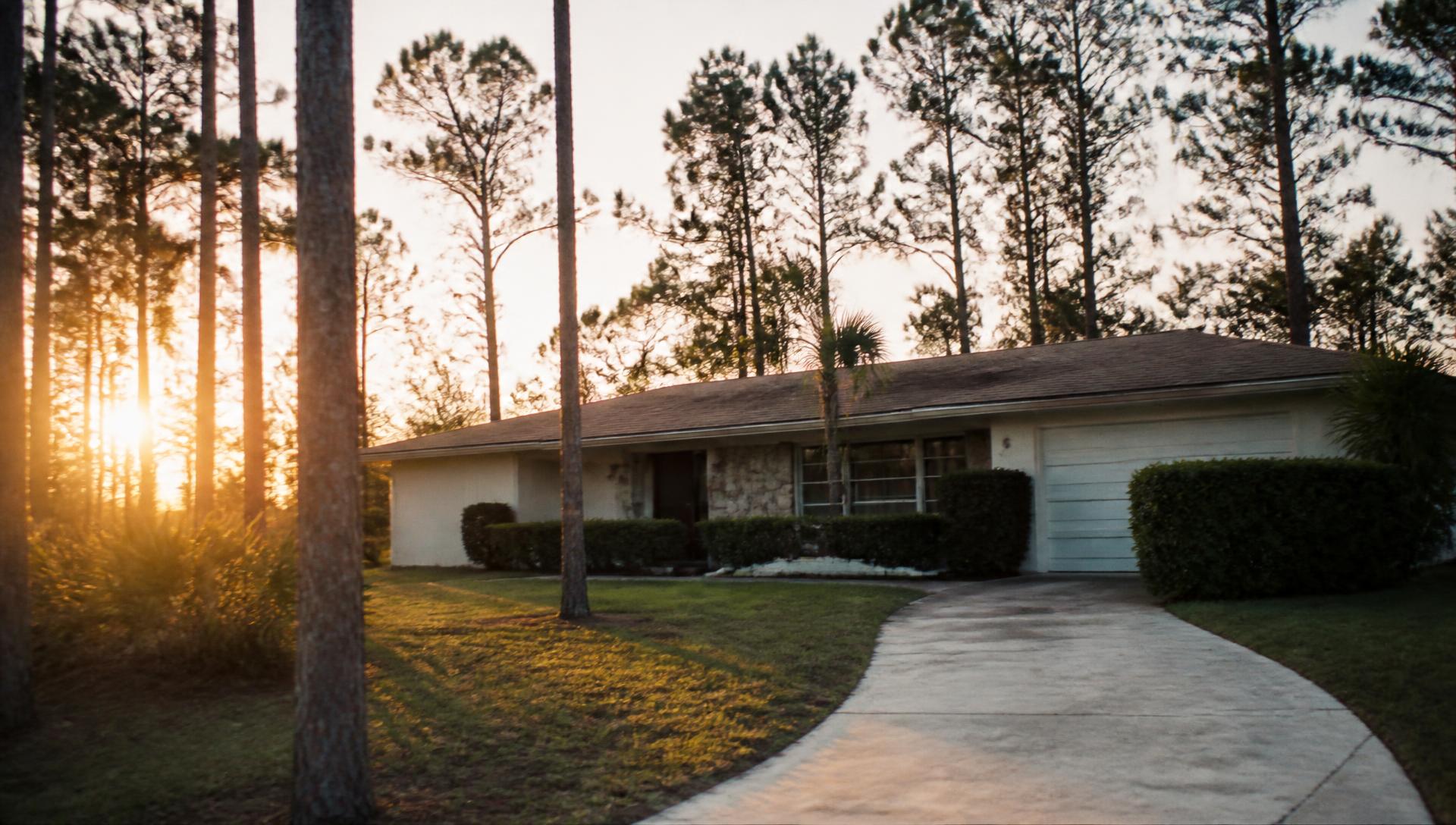 Florida ranch home at golden hour framed by tall pines